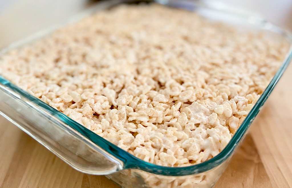 Rice Crispy Treats made in the Instant Pot in a baking dish.