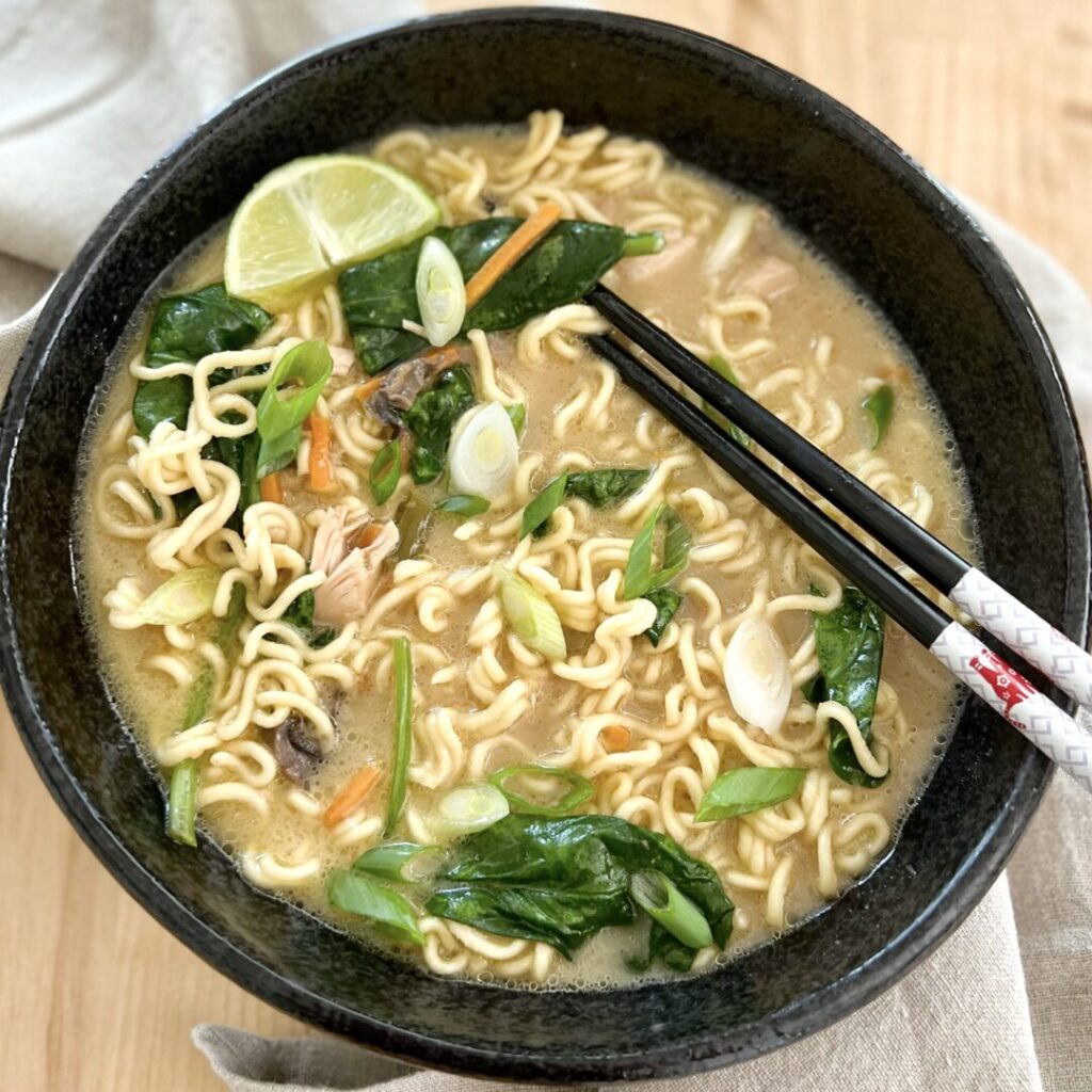 Instant Pot Chicken Ramen in a bowl with chopsticks