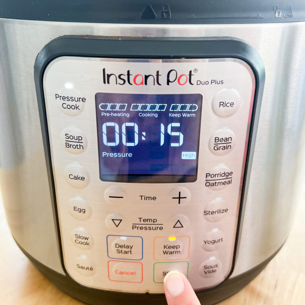 Instant Pot set to pressure cook for 15 minutes