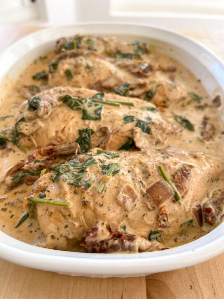Plated Instant Pot Tuscan Chicken.